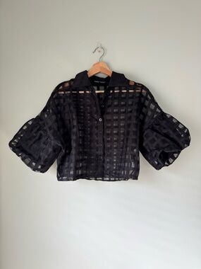 SHEIN privé Black Sheer Checkered Button-Front Crop Top